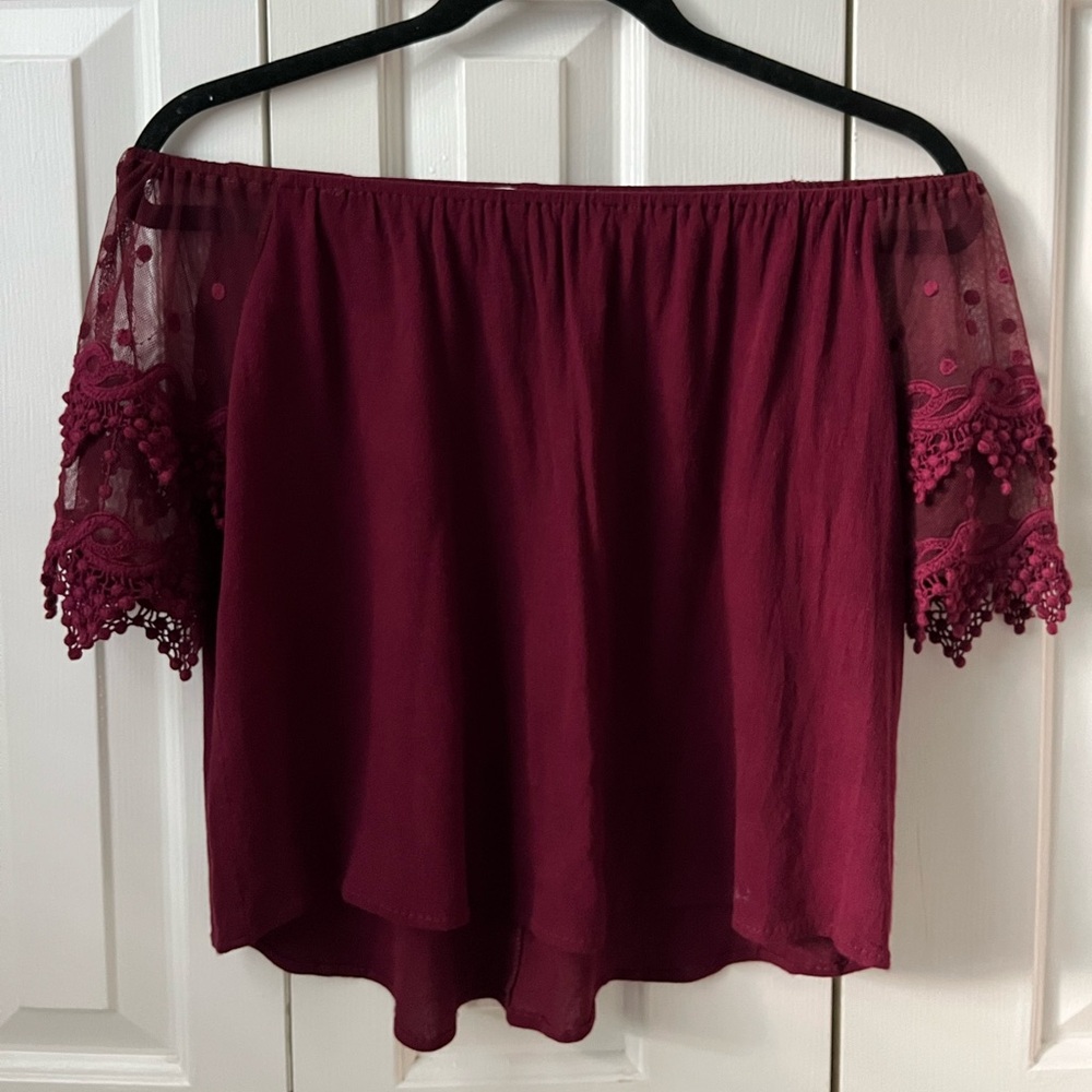 Burgundy Sheer Lace Off-the-shoulder Blouse Size Small